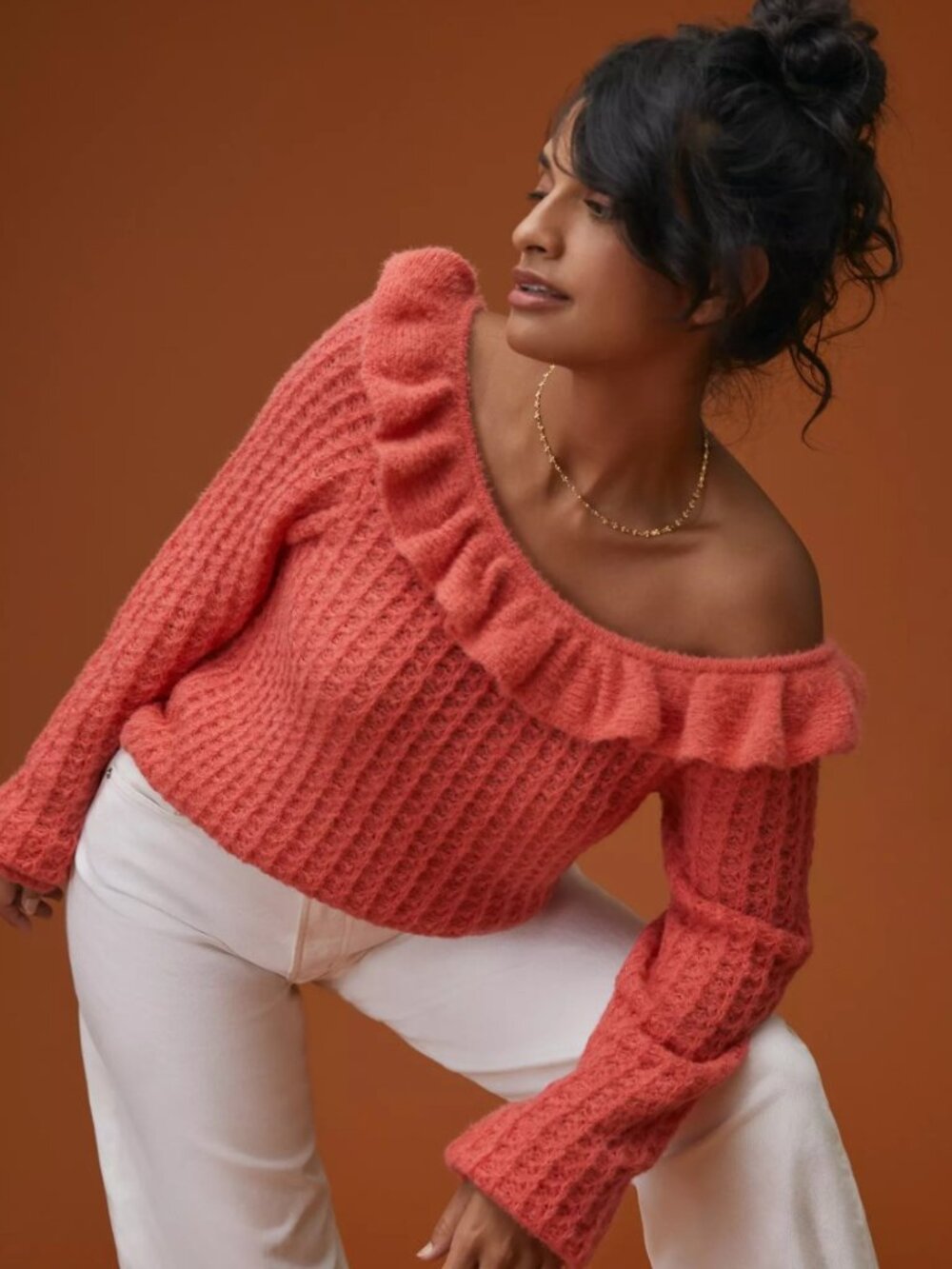 NWT Anthropologie Ruffled Boat Neck Coral Sweater Sz Small
